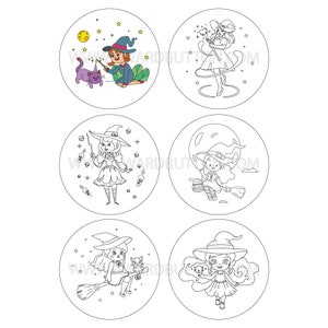 Puede incluir: Conjunto de seis páginas para colorear imprimibles con lindas brujas con diferentes poses y accesorios. Cada página tiene un marco circular e incluye estrellas, lunas y otros elementos mágicos.