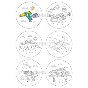 May include: Six black and white line drawings of dinosaurs on a white background. Each dinosaur is in a circle with a sun and clouds in the background. The dinosaurs are a pterodactyl, a velociraptor, a stegosaurus, a plesiosaur, a tyrannosaurus rex, and an ankylosaurus.