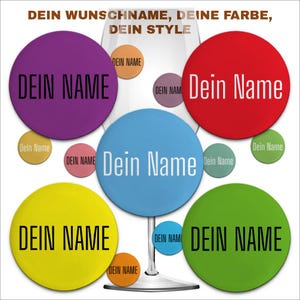 Könnte beinhalten: Eine grafische Design-Illustration eines Weinglases mit bunten Kreisen darum. Die Kreise haben den Text "Dein Name" in schwarzer Schrift. Der Text oben im Bild lautet "Dein Wunschname, Deine Farbe, Dein Style".