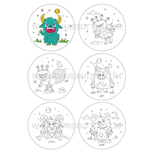 May include: Six black and white illustrations of cartoon monsters in circular frames. Each monster has a different design and expression. The illustrations are perfect for coloring pages or activity books.