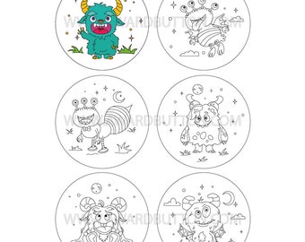 59 mm = 2.3 in Button / Badge Coloring Templates: Monsters – 6 Coloring Pages, Part 1