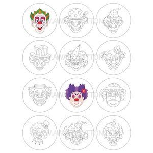 Puede incluir: Doce ilustraciones en blanco y negro de payasos con diferentes sombreros y expresiones faciales. Las ilustraciones están en círculos.