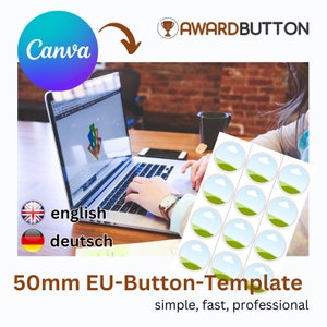 Pode incluir: Um modelo de design Canva para botões EU de 50 mm. O modelo apresenta um design simples, rápido e profissional. A imagem mostra uma pessoa usando um laptop para criar o modelo.