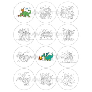 Puede incluir: Conjunto de 10 páginas para colorear imprimibles con diferentes diseños de dragones. Cada página tiene un borde circular e incluye un dragón con varias poses y detalles. Los dragones están delineados en negro y listos para ser coloreados.