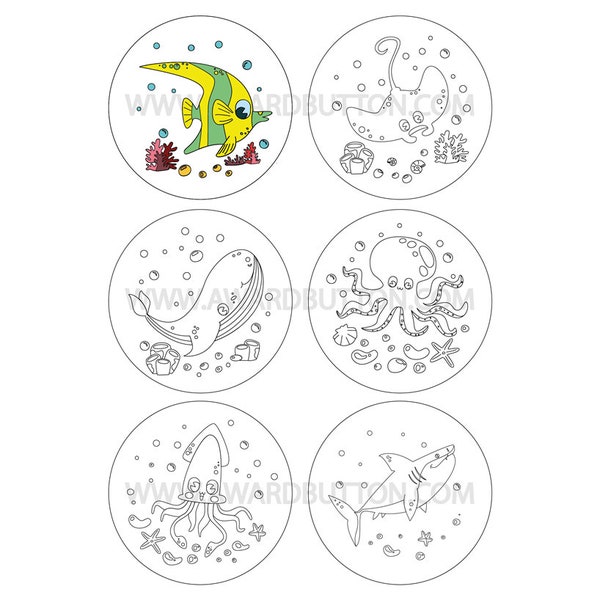 75 mm = 3in button / badge templates for coloring: Sea creatures - 6 coloring pages, part 1