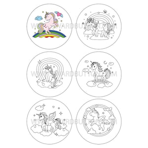 May include: Six round printable stickers featuring a unicorn with a rainbow and stars. The stickers are black and white line drawings.