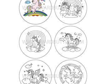 59 mm = 2.3 in Button / Badge Coloring Templates: Unicorns – 6 Coloring Pages, Part 1