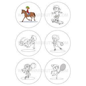 Könnte beinhalten: Sechs Schwarzweißillustrationen von Kindern, die verschiedene Sportarten ausüben. Die Illustrationen sind kreisförmig mit weißem Hintergrund.