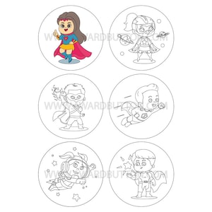 May include: Six black and white illustrations of children dressed as superheroes. Each illustration is in a circle. The superheroes are flying, holding a lightning bolt, and wearing capes.
