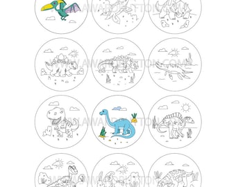 56mm = 2.25in Button / Badge Vorlage zum Ausmalen: Dinosaurier – 12 Ausmalbildern