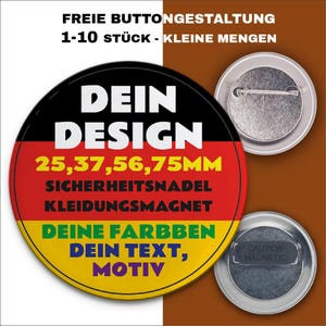 Könnte beinhalten: Ein runder Knopf mit einem schwarzen, roten und gelben Design. Der Knopf sagt "DEIN DESIGN 25,37,56,75MM SICHERHEITSNADEL KLEIDUNGSMAGNET DEINE FARBBEN DEIN TEXT, MOTIV". Die Rückseite des Knopfes ist silberfarben mit einer Sicherheitsnadel und einem Magnetverschluss.