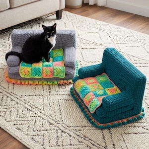 May include: Two crochet cat beds in the shape of miniature armchairs. One is gray, and the other is teal. Each has a colorful, patchwork cushion. A black and white cat sits on the gray armchair.