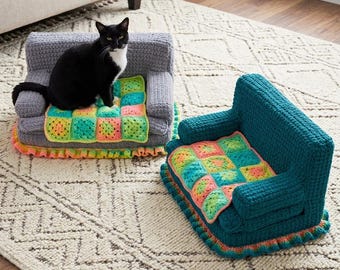 Cat Sofa Crochet Pattern, Kitty Couch Tutorial, Crochet Pet Bed Pattern, Granny Square Cat Sofa, Pet Furniture DIY, Dog Bed Crochet Guide