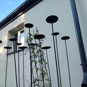 May include: An outdoor art installation with multiple black metal poles, each with a circular disc at the top. The artwork is set against a white building with a window, under a blue sky. The poles are approximately 200 cm tall.