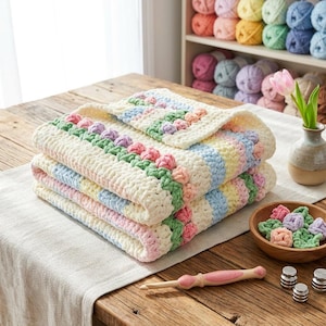 May include: A stack of three pastel-colored crochet blankets with a floral design. The blankets are cream, pink, blue, and green. A wooden bowl with crochet flowers, a crochet hook, and metal objects are on the table.