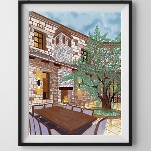 Original,Digital Drawing,Printable Art,Digital Posters,Architecture Drawing,Wall Art,Home Decor,Courtyard Design,Tower,Olive,illustration