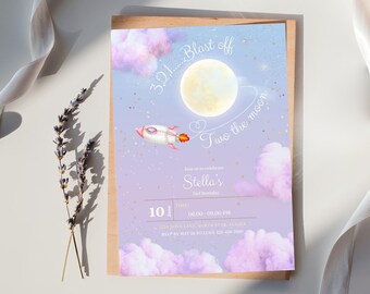 Editable Two The Moon Birthday Invitation | Digital Astronaut Space Party Card Personalized Download Printable