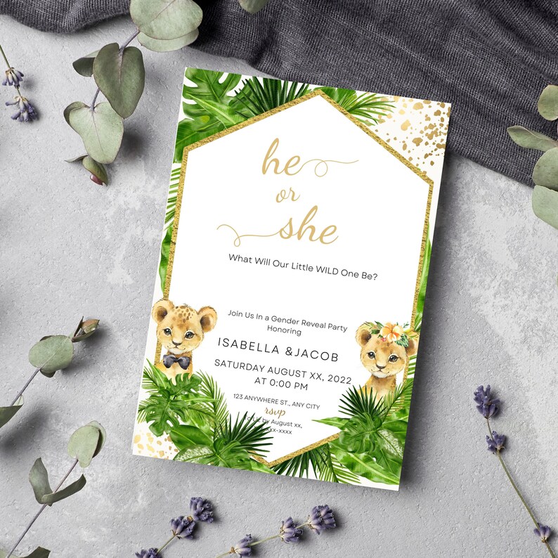 Editable Safari Gender Reveal Invitation Jungle Animal Etsy