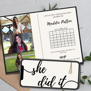 She Did It! Graduation Invitation | Personalized and Celebratory | Modern Graduation | Invitation Template