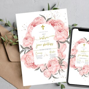 Baptism Invitation| Girl Christening Invitation Template| Pink Christening Invite Template| Pink Gold Evite