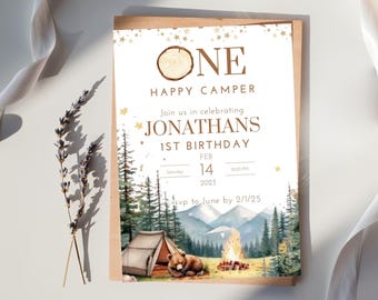 Woodland 1st Birthday Invitation: Rustic Bear Campfire Theme (Digital Template)