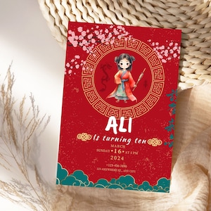 Princess Birthday Invitation Red Princess Birthday Party Invite Mulan Princess Theme Editable Template Instant Digital Download Printable