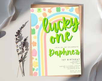 Lucky One 1st Birthday Invitation: Shamrock Rainbow Party (Digital Download)