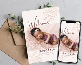 Birth Announcement, Photo Baby Announcement Card, Newborn, Welcome, Editable Template, Printable, Instant Download