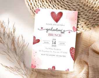 Röd och rosa hjärtformad Galentines brunchinbjudan | Elegant och festligt vänskapskort | Firar vänskap