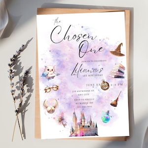 May include: Purple and white watercolor invitation with the text "The Chosen One" and "Liliana's 1st Birthday". The invitation features a variety of Harry Potter themed illustrations, including a Hogwarts castle, a golden snitch, a book stack, a broom, a potion bottle, a pair of glasses, and an owl.