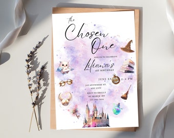 Enchanting First Birthday Invitation - The Chosen One Harry Potter Theme Pink Purple Magical Wizardry Celebration