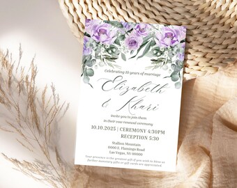 Floral Vow Renewal Invitation Lavender Peony 10th Anniversary Digital Download 5x7 Template