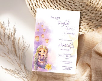 May include: A purple and yellow invitation with a cartoon girl with long blonde hair. The invitation says "Let's get Tangled Up in some fun" and is for Mariah's 8th birthday. The invitation includes the date, time, and location of the party.