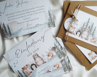 Invitación de cumpleaños infantil con animales del bosque.