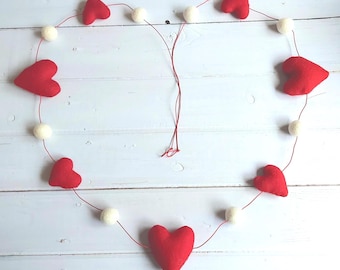 Wool Felt Heart Garland: Red/White large/small handmade hearts, balls, Valentine's, Hanging Decoration