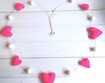 Wool Felt Heart Garland: Pink/White large/small handmade hearts, balls, Valentine's, Hanging Decoration