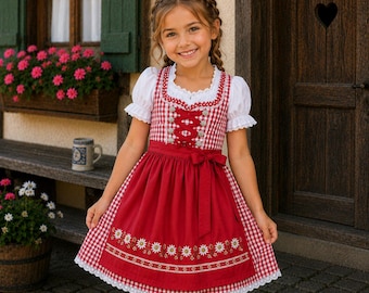 Vestido tradicional alemán de cuadros rojos para niñas – Traje folclórico alemán con bordados florales