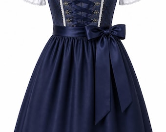 Navy Blue Dirndl Dress, Silk Lace Apron, Traditional Bavarian Outfit
