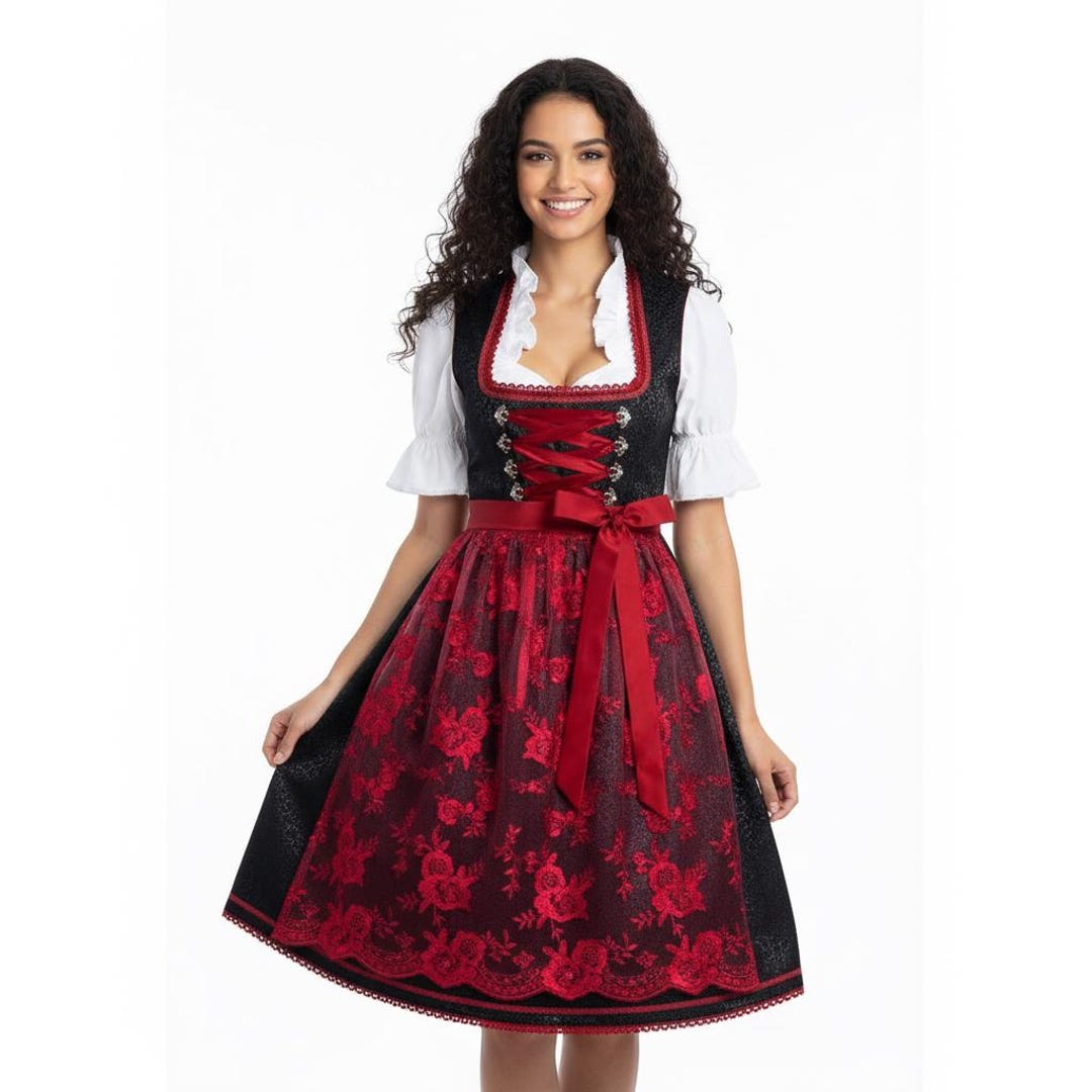 Drindle Women’s Dirndl Dress Black Red, Traditional Bavarian Oktoberfest ...