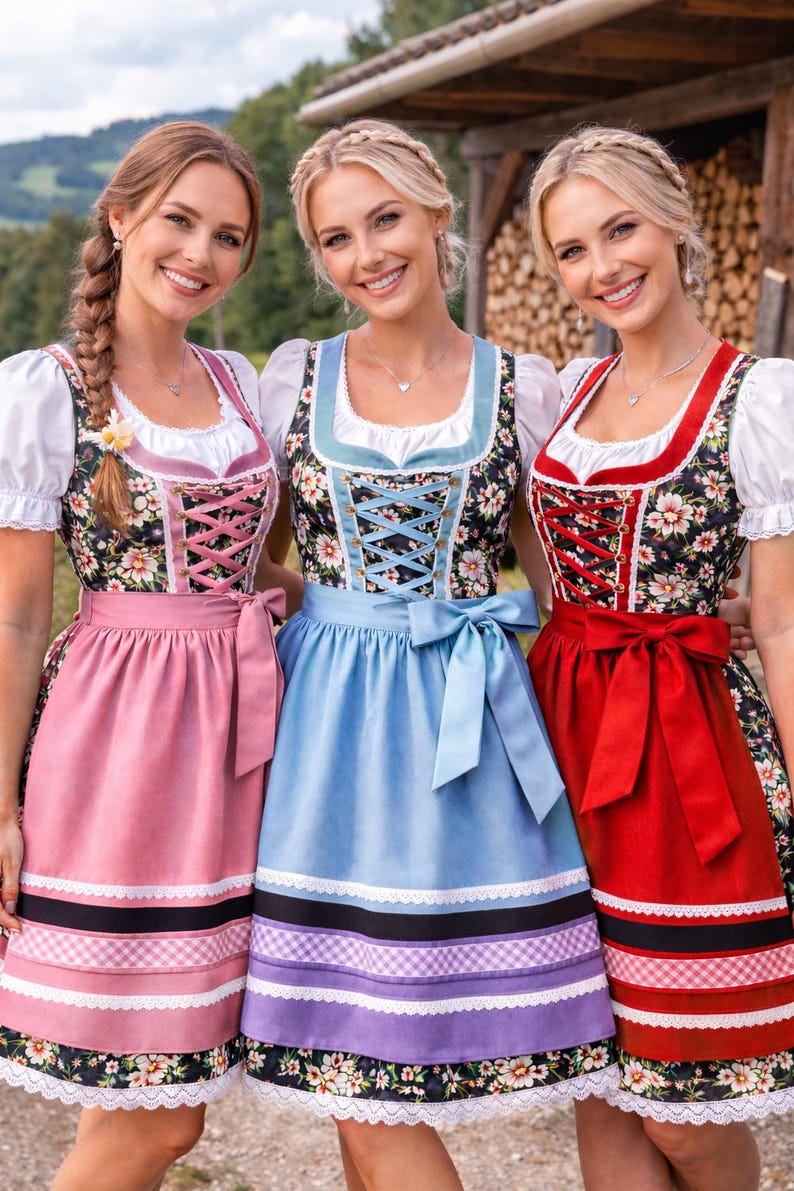 Op de afbeelding: Drie vrouwen in traditionele Duitse dirndl-jurken. De jurken hebben bloemenlijfjes, gesmokte korsetten en kleurrijke schorten. De schorten zijn roze, blauw en rood, met decoratieve randen. De vrouwen lachen en poseren voor de camera.