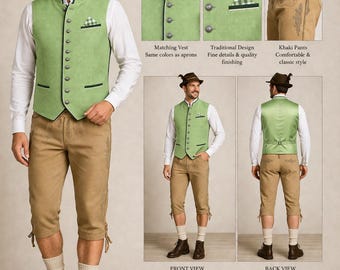 Completo tradizionale bavarese da uomo con gilet e pantaloni, set Oktoberfest Trachten, abbigliamento da festa nuziale alpino tedesco.