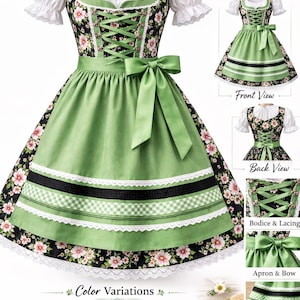 Op de afbeelding: Een traditionele dirndl jurk in lichtgroen, met een bloemenlijfje en zoom. De jurk heeft een groene schort met een strik, witte mouwen en een geregen lijfje. Kleurvariaties worden getoond, waaronder roze, blauw, paars, groen en rood.
