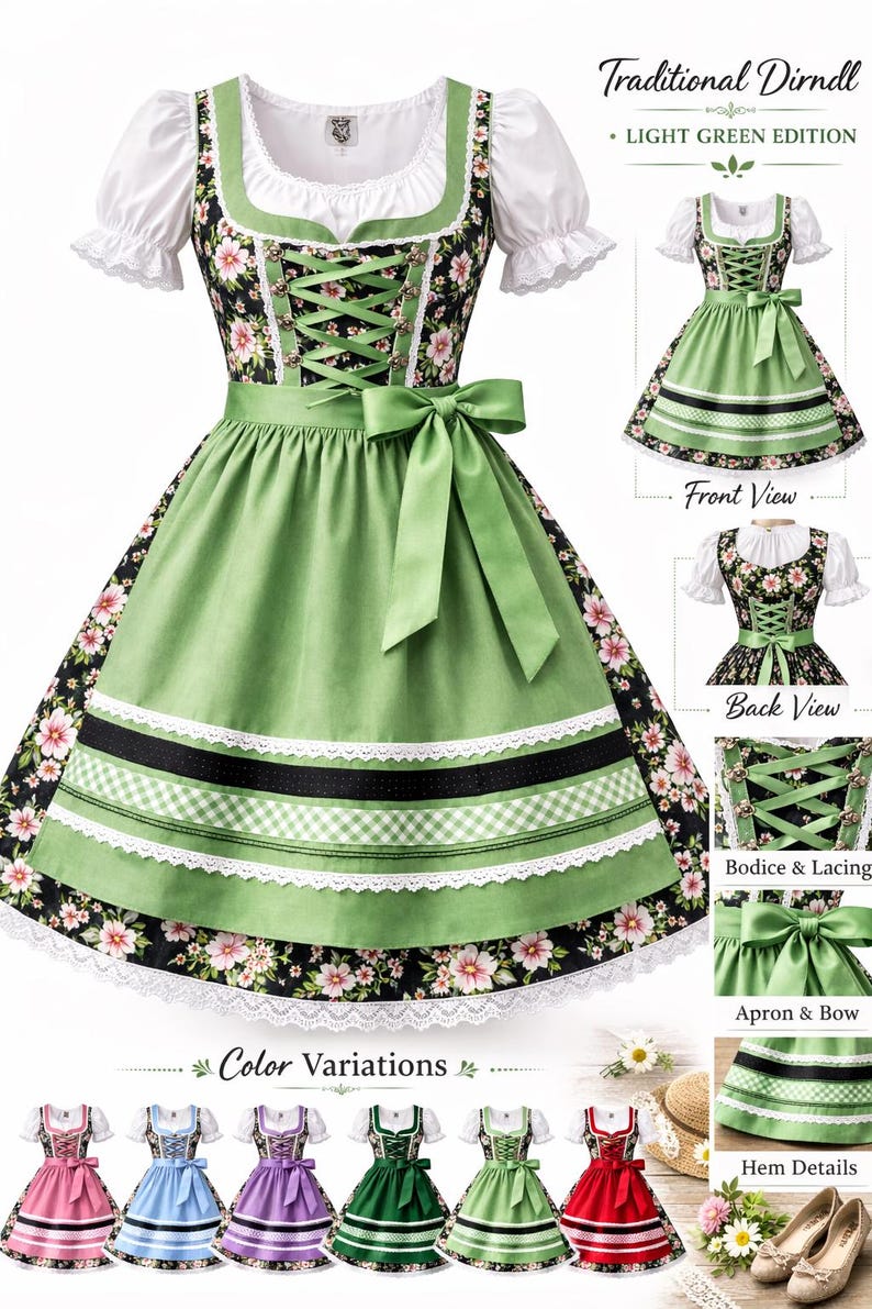 Op de afbeelding: Een traditionele dirndl jurk in lichtgroen, met een bloemenlijfje en zoom. De jurk heeft een groene schort met een strik, witte mouwen en een geregen lijfje. Kleurvariaties worden getoond, waaronder roze, blauw, paars, groen en rood.
