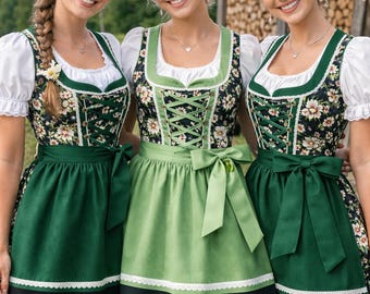 Matching Green Dirndl Dresses – Bavarian Oktoberfest Outfit for Women – Floral German Trachten Dress