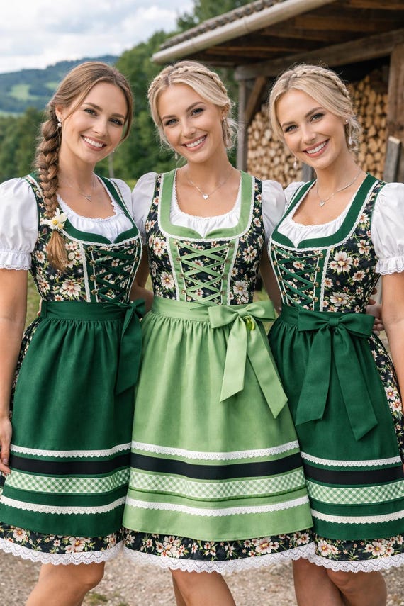 Matching Green Dirndl Dresses – Bavarian Oktoberfest Outfit for Women – Floral German Trachten Dress
