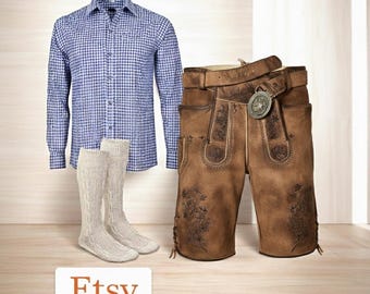 Men Lederhosen Set – Bavarian Traditional Outfit with Shirt & Suspenders | Oktoberfest Costume for Men