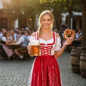 Op de afbeelding: Een vrouw in een traditionele Beierse dirndl-jurk, met een grote bierpul en een pretzel. De jurk is rood en wit met een kanten patroon. De achtergrond toont een biertuin met mensen.