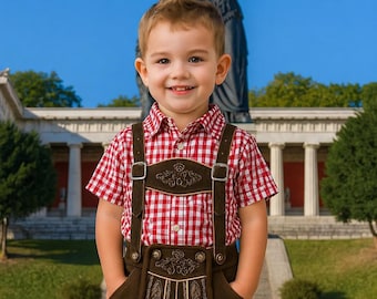 Pantalones de cuero marrones para niños pequeños con tirantes y camisa a cuadros, traje bávaro, ropa para festivales de cerveza infantiles.