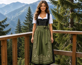 May include: A woman wearing a traditional German dirndl dress. The dress features a white blouse, a black bodice with crisscross lacing, and a green skirt with white floral embroidery. The dress has a green sash tied at the waist.