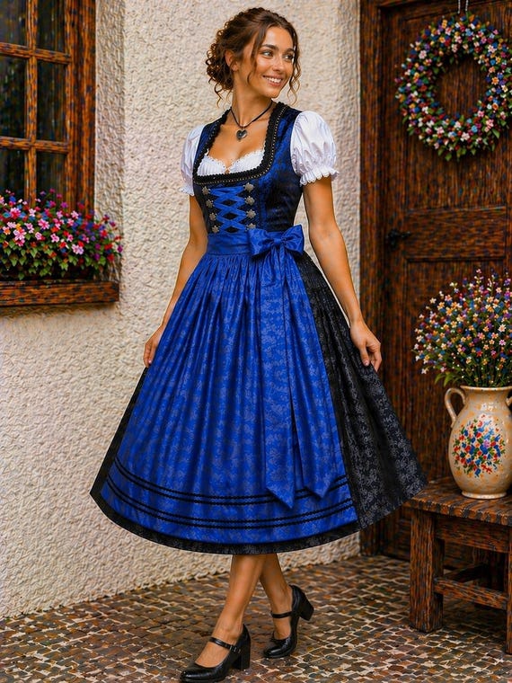 blue dirndl dress Women Traditional Black Bodice Red Apron German Bavarian Oktoberfest Outfit Midi Length Size:US 10.5 / EU 41.5 It is particularly suitable flat&sneaker Women's Wedding Guest Dresses: